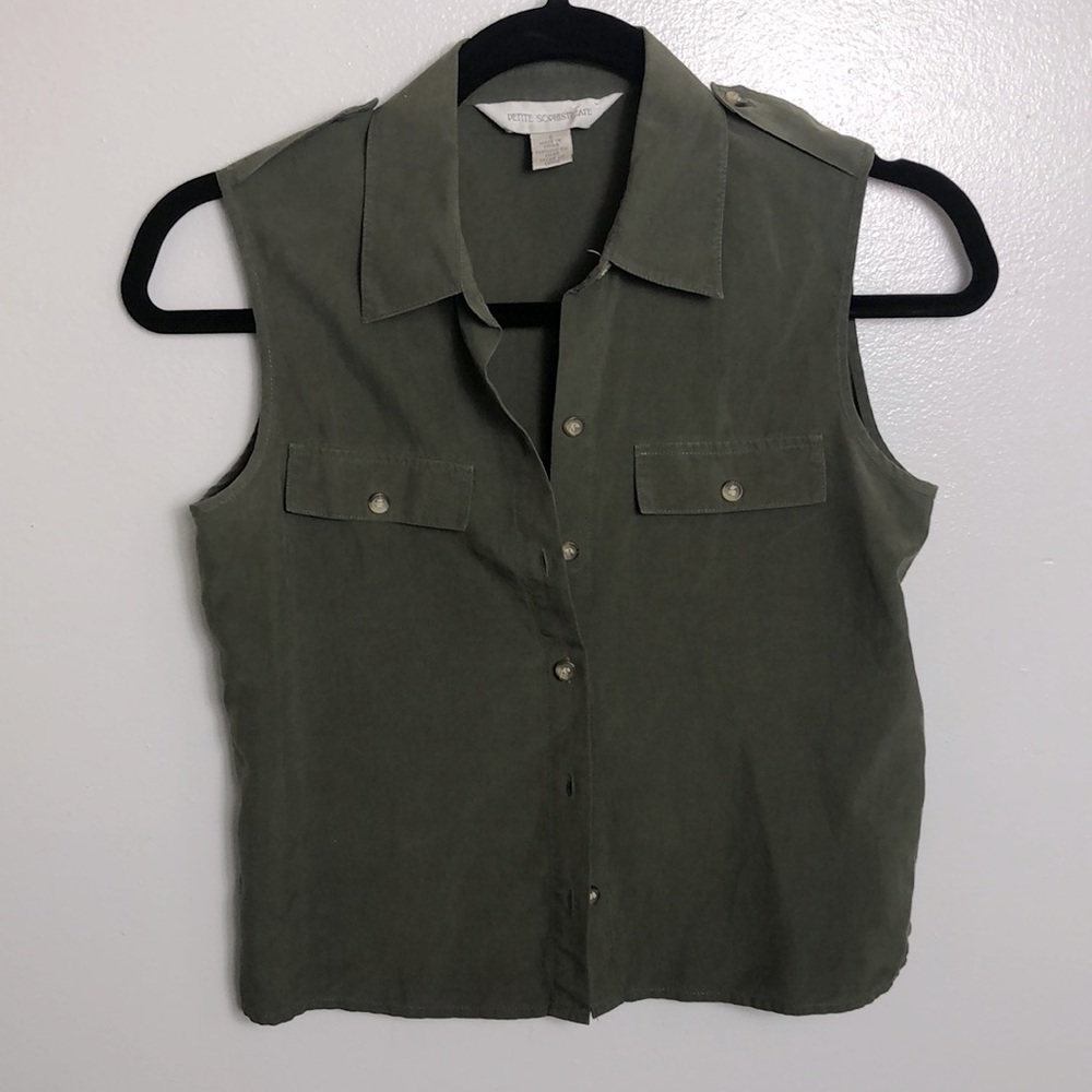 100% silk Vintage Crop Top/Vest Forest Green Button down Sleeveless